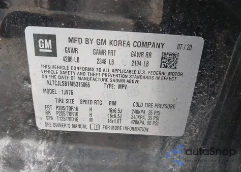 2021 Chevrolet Trax Fwd Lt from USA, damaged, VIN KL7CJLSB1MB315066